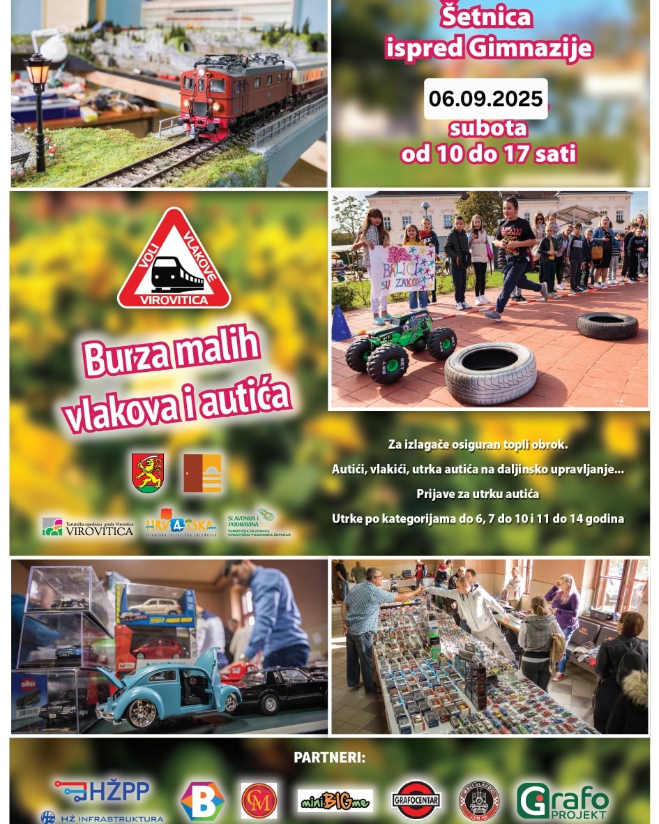 U subotu, 6. rujna, na šetnici ispred Gimnazije u Virovitici 18. Burza malih vlakova i autića 1 539403565 1209599697863149 4350540130711557385 n